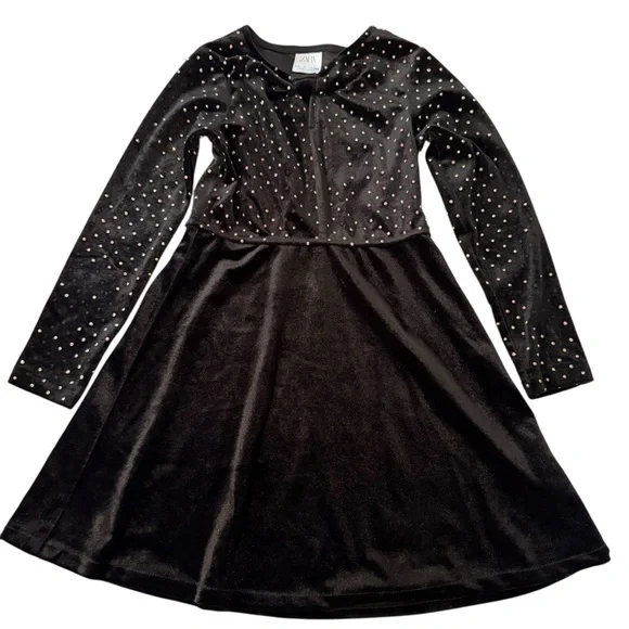Zara | Kids Black Velvet Metallic Multicolor Dots. Long Sleeve Dress  -Size 7 - Picture 2 of 11